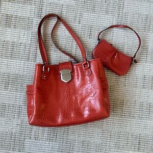 Liz Claiborne Red Croc-Pattern Shoulder Bag with Pouch